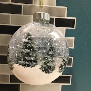 Painted Glass Christmas Round Ornament Handmade Holiday Christmas Gift Unique Handmade Gift Winter Scene Snow Evergreen Pine Tree Ethereal