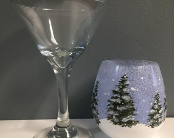 Painted Wine Glass, Handmade, Martini Glass, Alcohol, Holiday gift, Christmas Gift, Unique, Handmade Gifts, Winter Scene, Snow, Evergreen