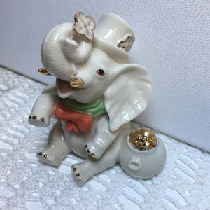 Vintage | Lenox Porcelain | Figurine | Lucky Little Elephant | Pot of Gold | 24K Gold | Gift Idea | Cottage Chic | Shelf Decor