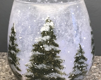 Painted Wine Glass Handmade Stem Glass Alcohol Coffee Mug Holiday Christmas Gift Unique Handmade Gift Winter Scene Snow Evergreen Ethereal