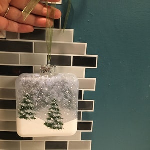 Painted Glass Christmas Ornament Handmade Stem Holiday Christmas Gift Unique Handmade Gift Winter Scene Snow Evergreen Pine Tree Ethereal