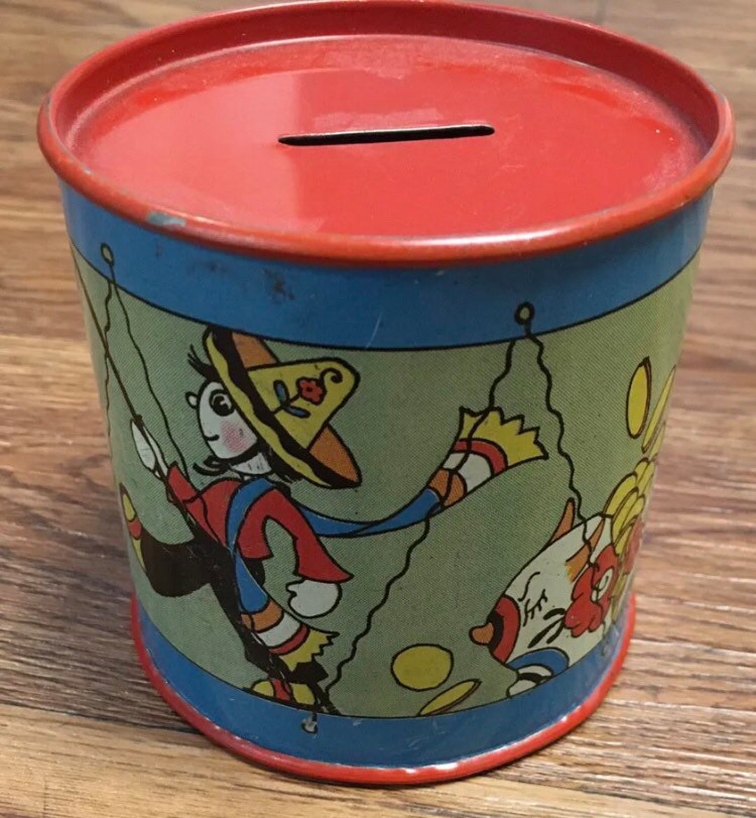 Vintage, 1960s, Bank, Tin Bank, Litho Metal, Metal, Coin Drum, Coin Bank, Money Bank, Colorful