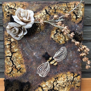 Wall Art | Handmade | Mixed media Art | Canvas | Bumblebee | Honeycomb | Floral | Roses | Wall Decor | Unique Decor | Metallic Gold