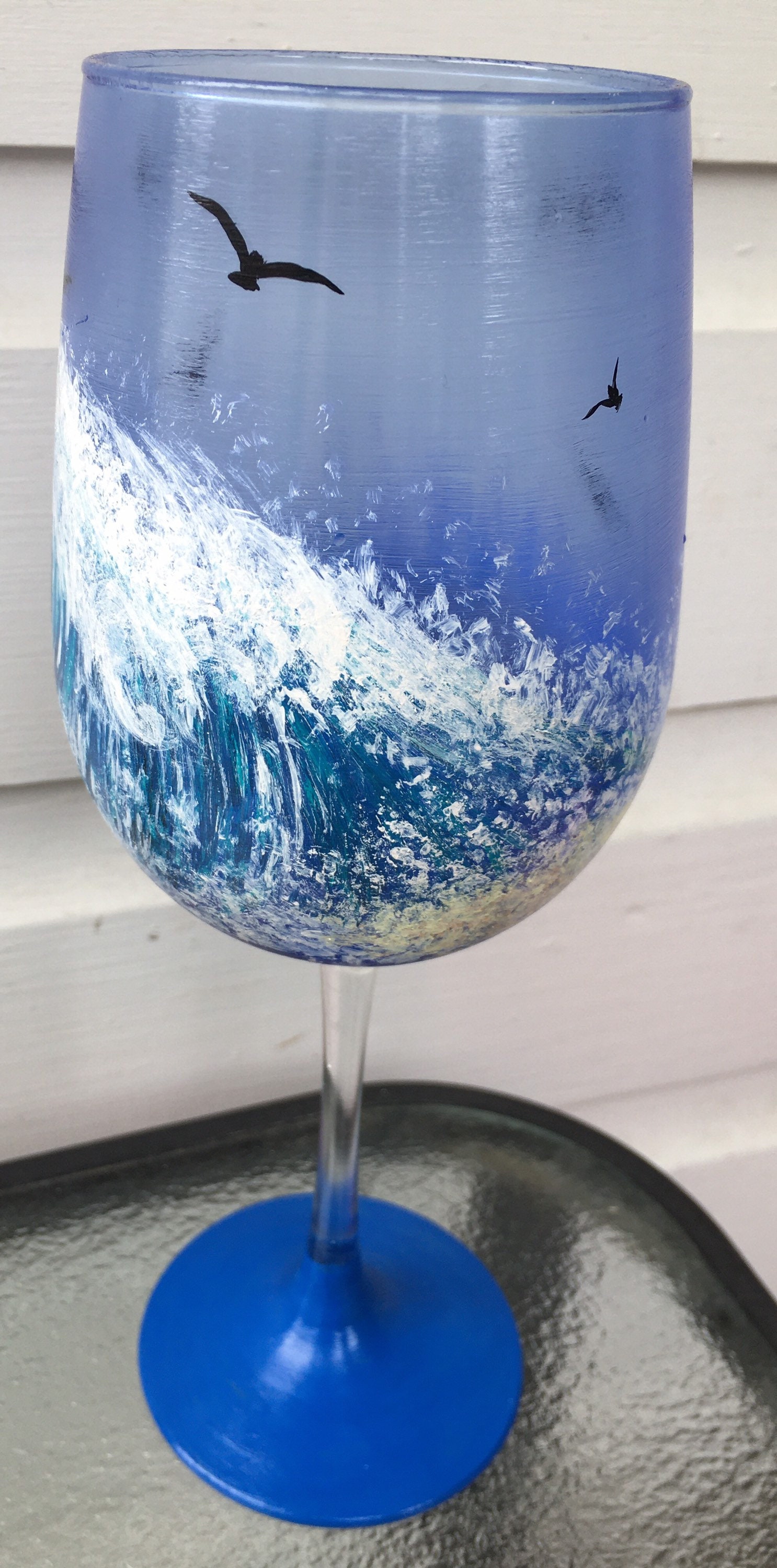 Wine Glass, Hand Painted Acrylic, Ocean Waves, Alcohol, Gift, Summer ...