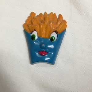 Vintage | Kitsch | Kitschy | French Fries | Junk Food | Refrigerator Magnet | Fridge Magnet | Face | Food With Face | Blue