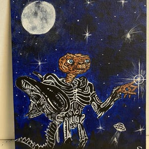 Alien Wall Art UFO Canvas Painting ET Acrylic Flat Canvas Unframed 8x10” Handmade