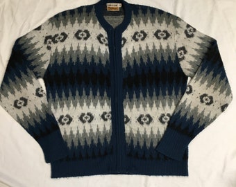 Orlon by Campus Vintage LG Sweater Full Zip 1960's Argyle Fuzzy Acrylic Nordic Rockabilly Gray Blue Black