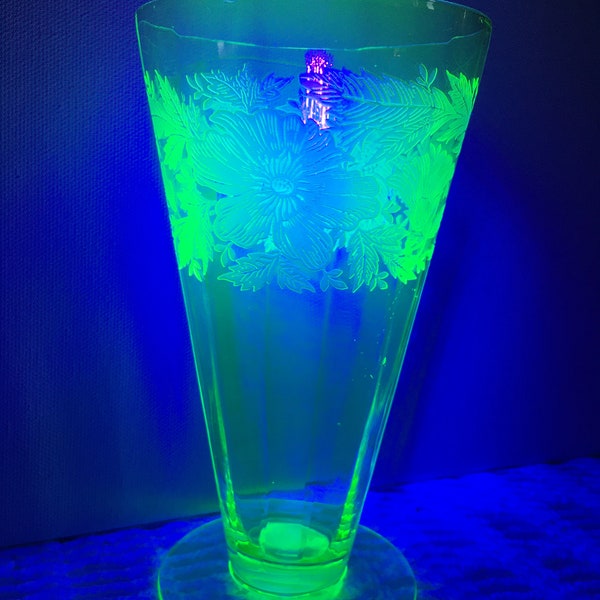 Uranium Glass | Vaseline Glass | Green | Glowing Footed Tumbler| Drinking Glass Cup | Etched Flower | Floral | Collectible | Vintage | 1930s