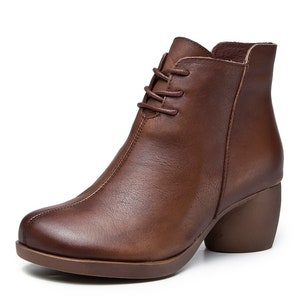 Tan Leather, Retro Thick-heeled Women&#39;s Boots