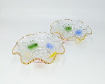 Gold Rimmed Rainbow Vintage Glass Dishes, Set of 2
