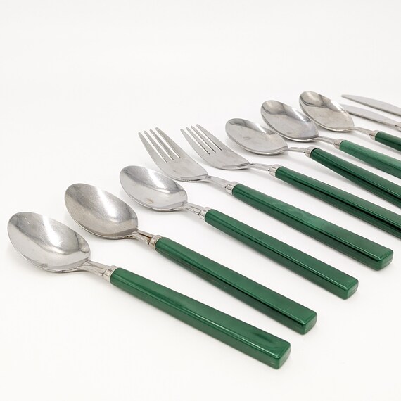 Stainless Steel Green Cutlery Set of 10 Etsy