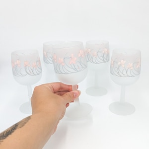 Vintage 1980s Frosted Pink & Blue Floral Wine Glasses, Set of 5