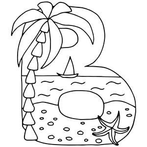 May include: Black and white illustration of the letter "B" with a beach theme. The letter features a palm tree, a sailboat on the water, a sandy beach, and a starfish. The design is simple and suitable for coloring or use in crafts.