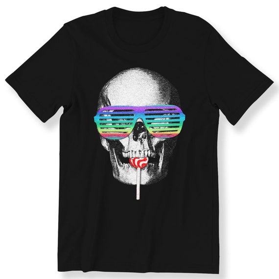 Skull With Rainbow Glasses For Men And Women T-shirt Graphic Tee Skull Lovers gift Top Skeleton With Lollipop Tee Plus Size Available S-5XL