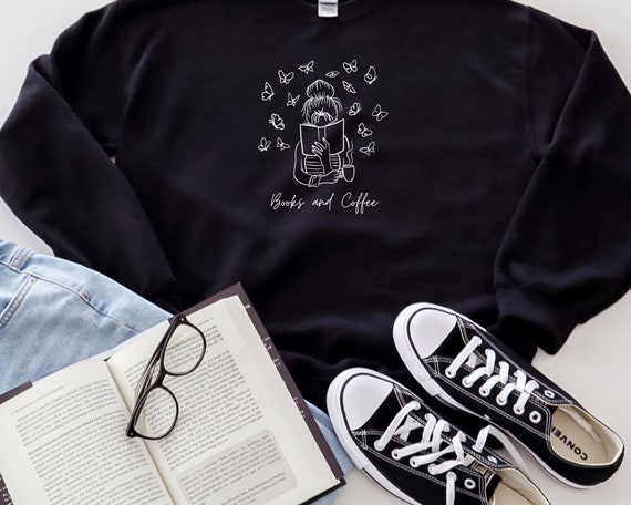 Books And Coffee Sweatshirt,, Girl Reading A Book And Drinks Coffee, Line Art Jumper,Book Lovers,Gift For Her,Librarian Sweatshirt Unisex