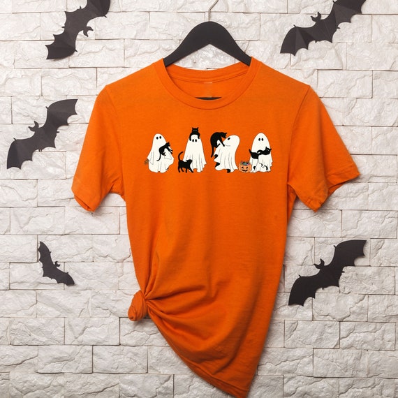 Halloween Gift T-shirt Ghost With Black Cat For Women Men And Kids Halloween Gift Shirt Funny T-shirt Cute Ghost Tee