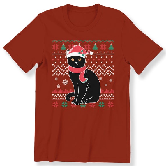 Ugly Christmas Black Cat Santa Hat T-shirt For Men Women And Kids Top Chistmas Gift Shirt Cat Lovers T-shirt Holiday Festive Shirt