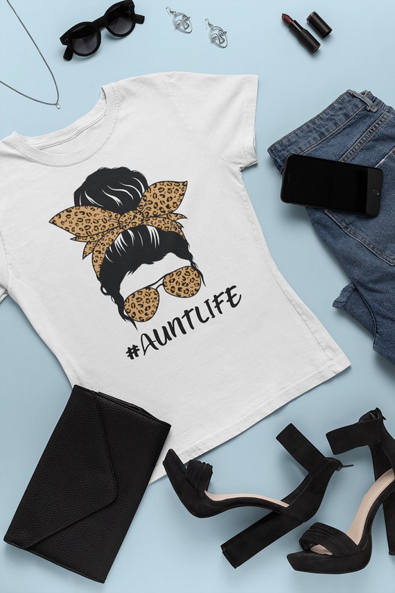 Auntlife Gift For Aunt T-shirt Messy Bun Auntlife Best Aunt Leopard Top