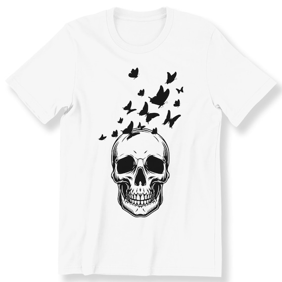 Skull With Butterflies For Men And Women T-shirt Gothic Skull Graphic Gift T-shirt Skull Lovers Top Plus Size Available S-5XL Premium Top