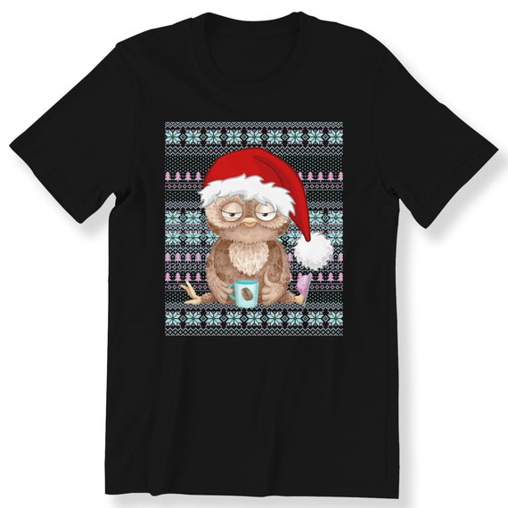 Christmas Funny Owl For Men And Women T-shirt Owl Lovers Christmas Gift T-shirt Sleepy Owl With Coffee Top Ugly Sweater Shirt S-5XL Top