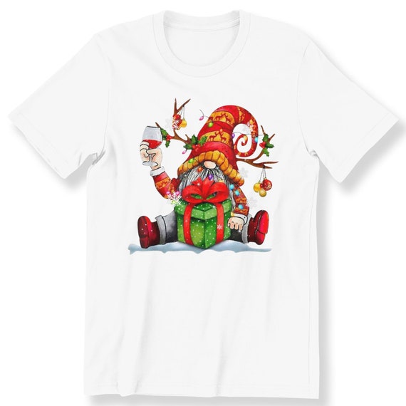 Christmas Gnome Drinking Wine For Men And Women T-shirt Graphic Tee Festive T-shirt Xmas Gift Premium Top Plus Size Available