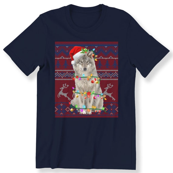 Christmas Wolf For Men Women And Kids T-shirt Santa Wolf With Xmas Lights Gift Shirt Festive Wolf Christmas T-shirt Holiday T-shirt