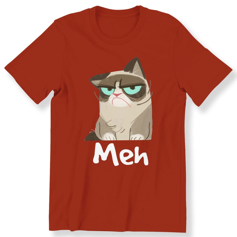 May include: Red t-shirt featuring a cartoon image of a grumpy cat with the word "Meh" printed beneath it.