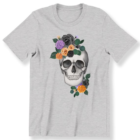 Skull With Flowers For Men And Women T-shirt Graphic Tee Gothic Skull Lovers Gift Top Smiling Skull Floral T-shirt Plus Size Available