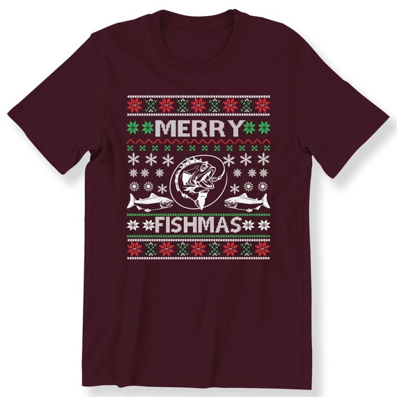 Merry Fishmas T-shirt For Men Christmas Gift T-shirt Ugly Sweater Festive Holiday Top Fisherman Fishing Plus Size Available
