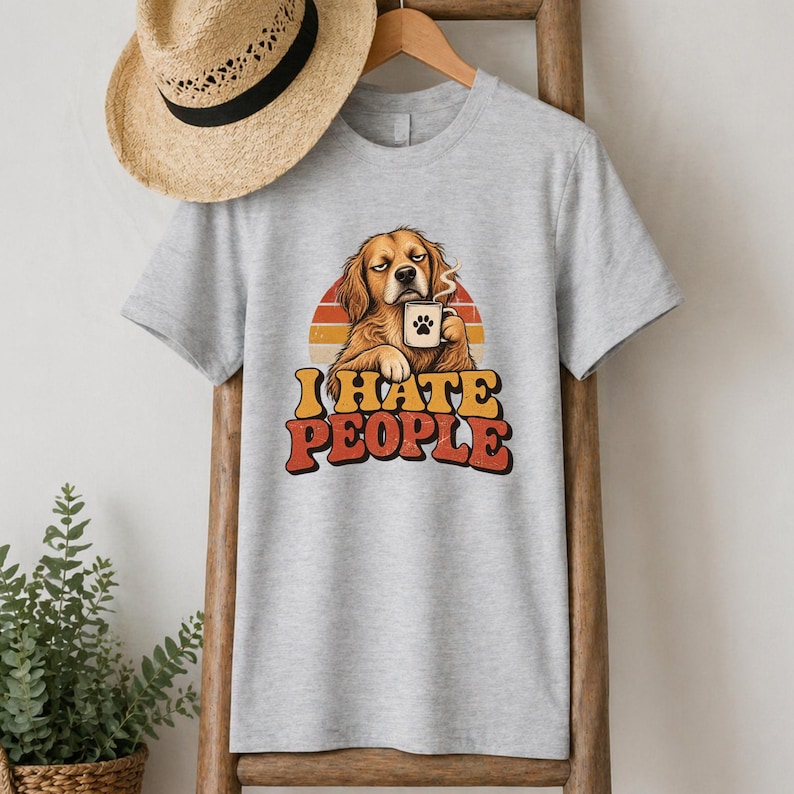 I Hate People T-Shirt, Funny Dog Shirt, Grumpy Dog Lover Tee Gift Heather Grey
