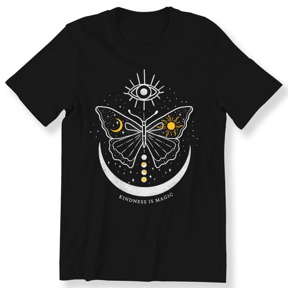 Mystical & Celestial Boho Men's Ladies T-shirt Kindness Is Magic Butterfly Tee Graphic Boho T-shirt Boho Line Art Plus Size Available