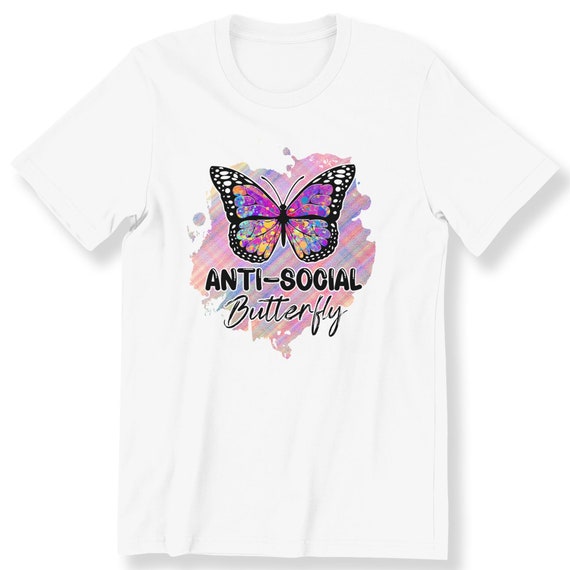 Antisocial Butterfly T-shirt For Men And Women Graphic Tee Colourful Butterfly Rainbow Gift Top Plus Size Available