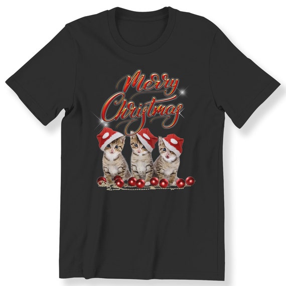 Merry Christmas Men's Ladies T-shirt Cute Kittens Cat Lovers Adorable X-mas Gift Top