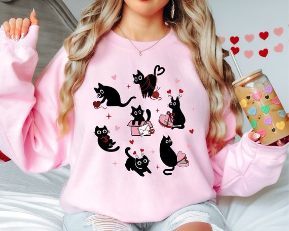 Cute Black Cat Valentine Unisex Sweathirt Cat Lovers Valentine's day Gift Jumper Cute Valentine Cat Gift Sweatshirt