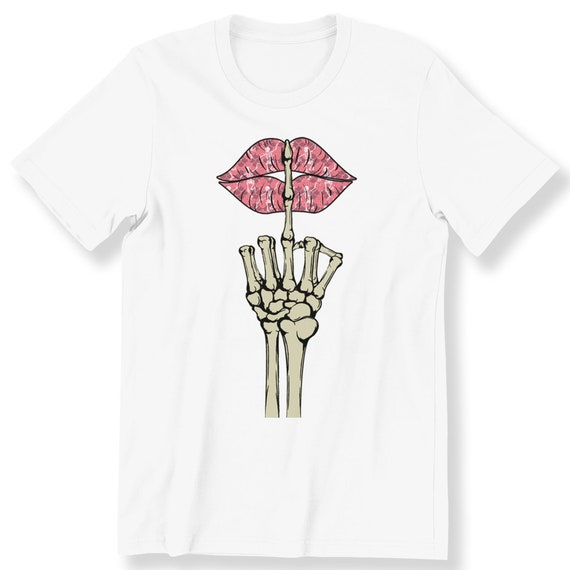 Middle Finger On Sexy Lips T-shirt For Ladies Halloween Lips Top Graphic Tee Skeleton Arm Skeleton Lovers Top Men's Size Available Top