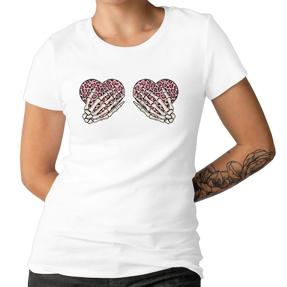 Funny Skeleton Valentine Hearts Leopard Boobs Ladies T-shirt Men Size Available Top Funny Valentine's Day Shirt Retro Valentine Hearts Top