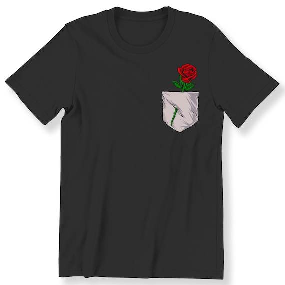 Pocket Rose Men's Ladies T-shirt Cute Romantic Pocket Red Rose Tee