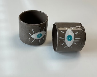 tasse en céramique sans poignée, ceramiccup, tasse faite à la main, tasse à café, tasse à thé, Evileye, fait main, cadeau, Nazar, cadeau de fête des mères