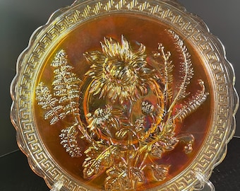 Elevated Imperial Glass Signed Marigold Carnival Glass Plate Chrysanthemum