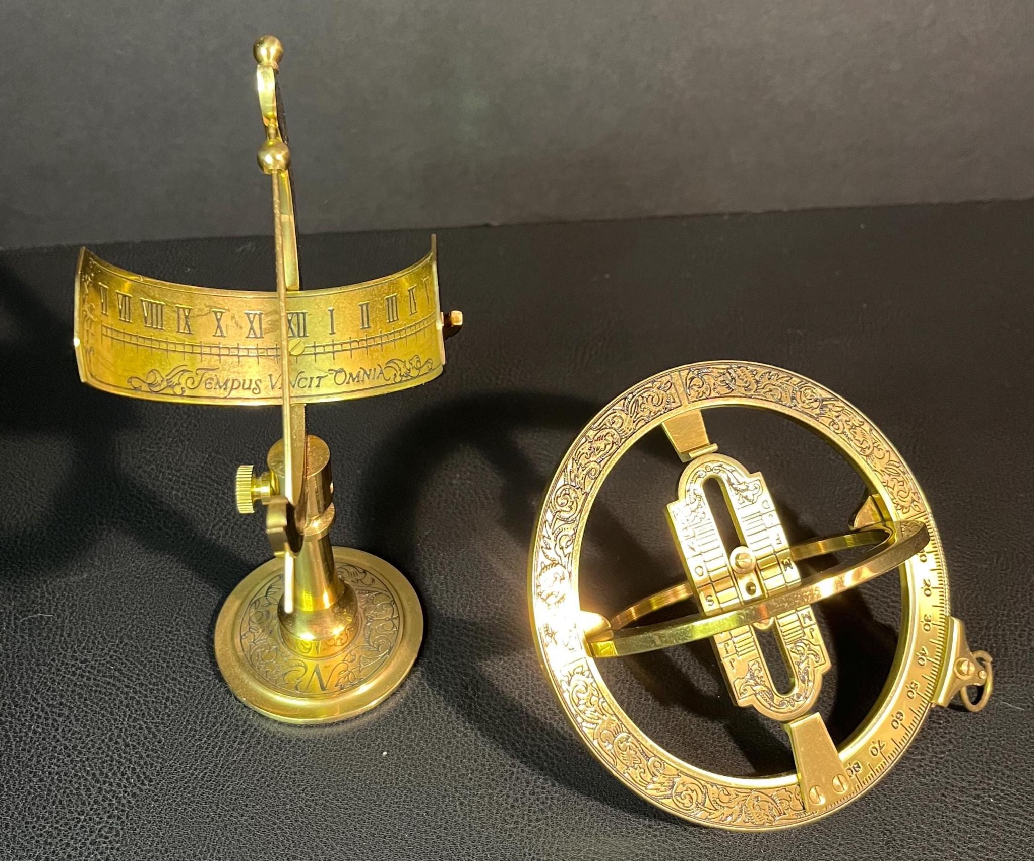 Vintage Brass Equatorial Sundial & Ring Dial Set - Franklin Mint