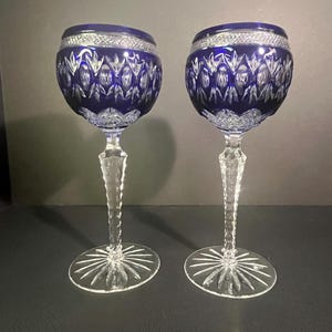 Pair of Cobalt AJKA Hungarian Cut to Crystal Wine Hock - Glass - Goblet