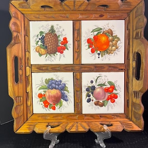 Vintage Mexican Hand Carved Wood & Ceramic Fruit Tile Serving Tray