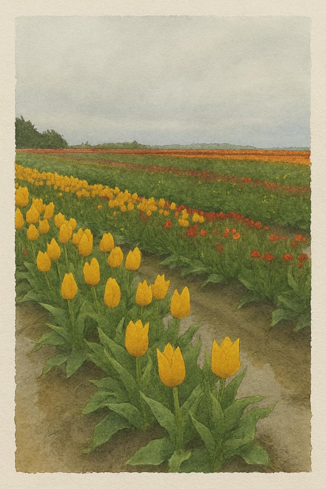 Yellow Tulip Field Watercolor Print | Serene | Floral Landscape ...