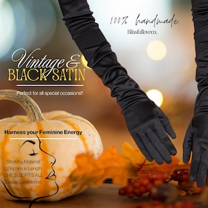 Stretch Vintage Black Satin Elbow Length Gloves for Women, Bridgerton Gifts, Satin Gloves, Bridal & Prom Gloves, Vintage Style Opera Gloves