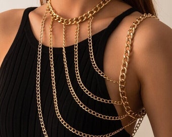 Gold Curves Minimalist Asymmetrical Arm & Body Chain, Statement Shoulder Jewelry, Gold Shoulder Jewelry for Wedding, Night Out, Date Night.