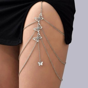 Silver Butterfly Adjustable Thigh Chain, Silver Thigh Chain, Silver Thigh Garter, Leg Charm Chain