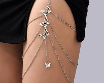 Silver Butterfly Adjustable Thigh Chain, Silver Thigh Chain, Silver Thigh Garter, Leg Charm Chain