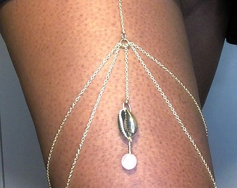 Rose Quartz & Gold Stretch Thigh Garter Chain, Stretch Leg Chain, Gold Thigh Chain, Thigh Garter Chain for Women, Quartz Leg Chain