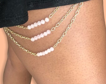 Rose Quartz & Gold Stretch 3 Layer Thigh Garter Chain, Leg chain, Thigh Chain, Gold Thigh Chain, Rose Thigh Chain, Leg Garter, Adjustable