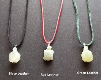 Jade Carved Small Turtle Pendant Necklace in Green, Red, Or Black Leather Cord for Girls or Boys